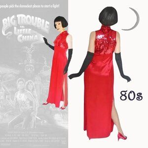 Vintage Red Satin Cheongsam Gown Empire Waist, 40s 50s Style by ZumZum -80s